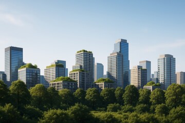 Fototapeta premium Modern city skyline with eco-friendly buildings and green rooftops surrounded by dense forest under clear blue sky in bright daylight. Ai generative