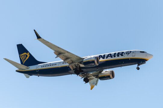 A Ryanair airplane flying approaching for landing on 3rd of April of 2026, in Alicante, Spain.