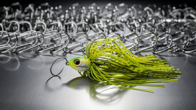 This vibrant chartreuse fishing jig features a sharp metal hook and long silicone skirt strands designed to attract predatory fish during freshwater angling trips while providing high visibility in