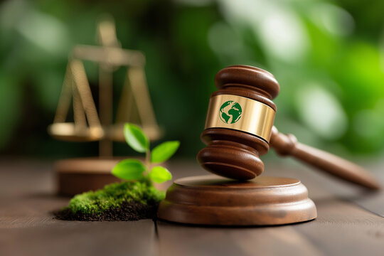 Environment Law for Sustainability Climate. gavel with scale and green icon Environmental Law International for environmental protection regulation. Sustainable environment conservation concept