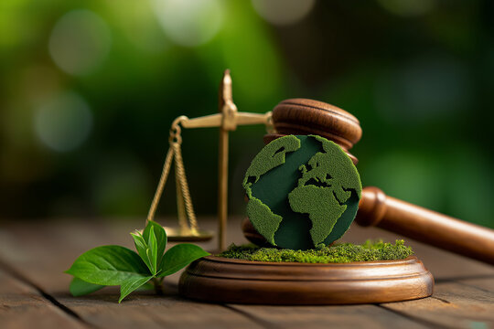 Environment Law for Sustainability Climate. gavel with scale and green icon Environmental Law International for environmental protection regulation. Sustainable environment conservation concept