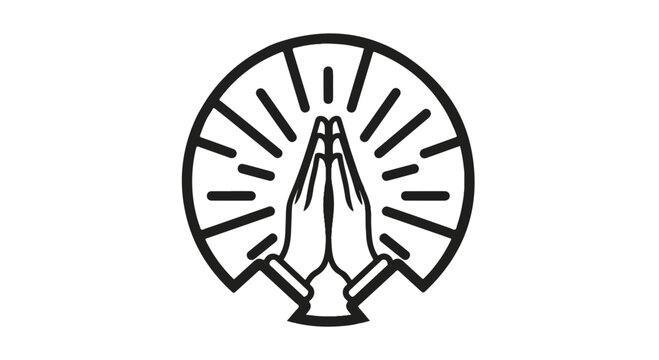 Praying hands logo, clasped hands icon, sunburst design, black line art