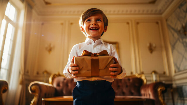 An adorable, well-dressed young boy with a beaming smile and bright blue eyes, joyfully holds a beautifully wrapped brown gift box tied with a satin golden ribbon, eagerly looking upwards in happy