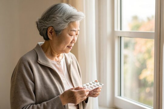 Elderly woman organizing medications home setting halfbody shot natural light wellness concept