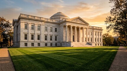 Obraz premium Beautiful golden hour sunlight illuminates this classical marble campus building, casting dramatic long shadows across the manicured lawn.
