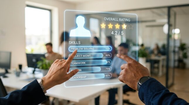 Analyzing employee skills and performance on a futuristic holographic interface