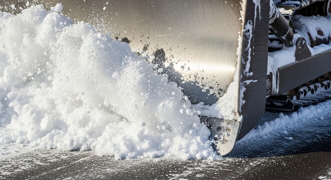 Bulldozer clearing snow from highway surface, heavy machinery removing snow, enhancing road accessibility. Snow removal by bulldozer signifies winter maintenance for safe travel on highways.