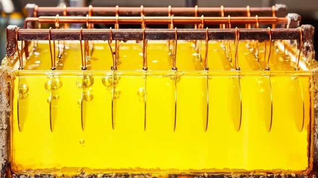 An industrial electroplating tank submerging metal jewelry blanks in bright gold chemical solution.