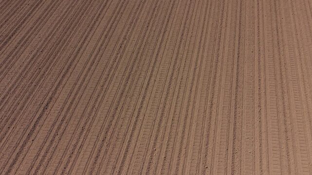 Patterned Field: A serene close-up of a cultivated field with meticulously aligned furrows, creating a mesmerizing pattern across the landscape.