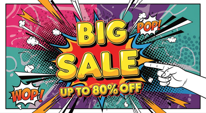 Big Sale Up To 80% Off, Pop Art Style Explosion Banner with Hand Pointing.