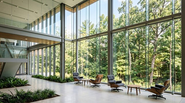 Carefully positioned modern lounge chairs sit in a sunlit university atrium with towering glass walls that look out onto a serene forest.