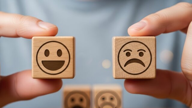 Hands holding wooden blocks with happy and sad face expressions