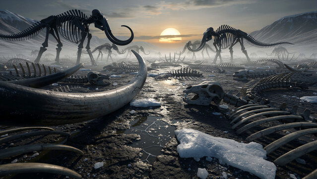 A haunting, expansive prehistoric landscape at sunset, dramatically showcasing a multitude of fossilized remains and complete skeletal structures of majestic woolly mammoths, giant ancient