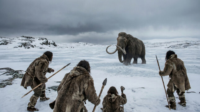 Prehistoric Hunters Encounter Mammoth in Frozen Icy Landscape During Winter