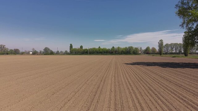 Rolling Plains Under Azure Skies: An expansive agricultural field, sculpted with precision, stretches towards the horizon under a vast, cloudless azure sky.