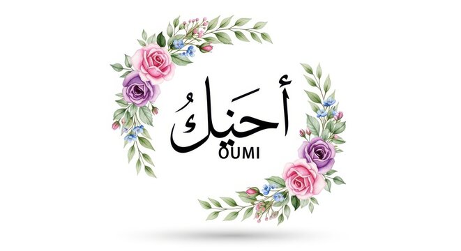 Arabic calligraphy with floral wreath and colorful flowers arrangement arabic text floral wreath col
