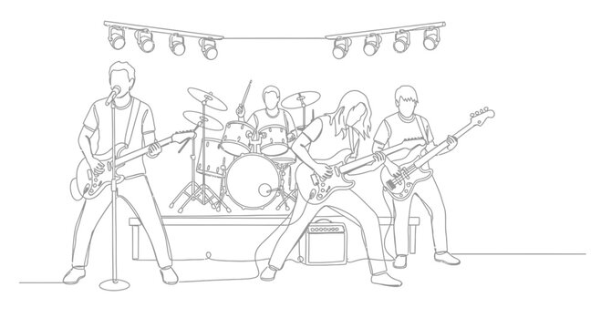 Continuous line drawing of a rock band performing live on stage.
