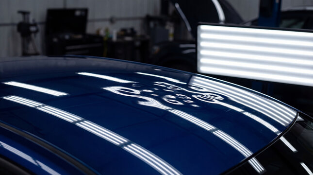 Technician using specialized light board for paintless dent repair on blue car roof. Automotive body restoration service. Professional vehicle maintenance and metal panel fixing process.