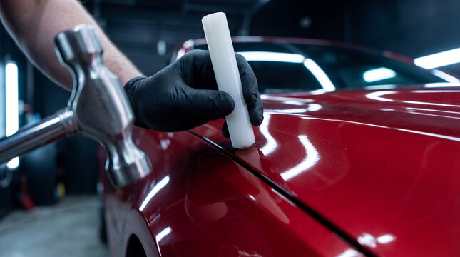 Man technician using hammer and plastic tool to repair dent on car body. Automotive paintless dent repair process professional service. Vehicle maintenance restoration and bodywork.