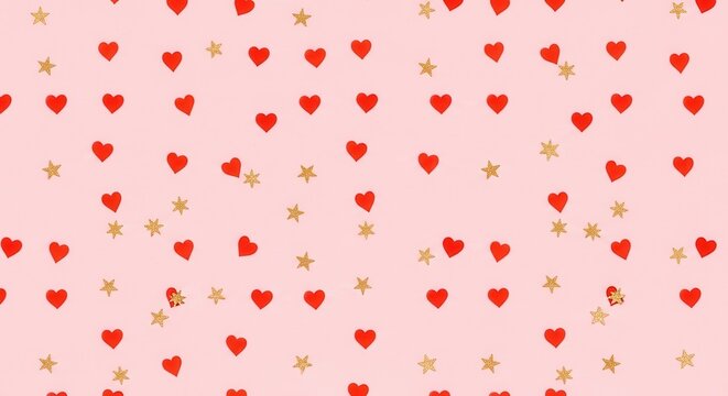 A pink background with red hearts and gold stars scattered across it in a random pattern for valenti