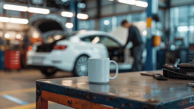 Blank white ceramic coffee cup on workbench in professional car service garage with mechanic repairing white vehicle in background. Workshop break and automotive maintenance work ideas