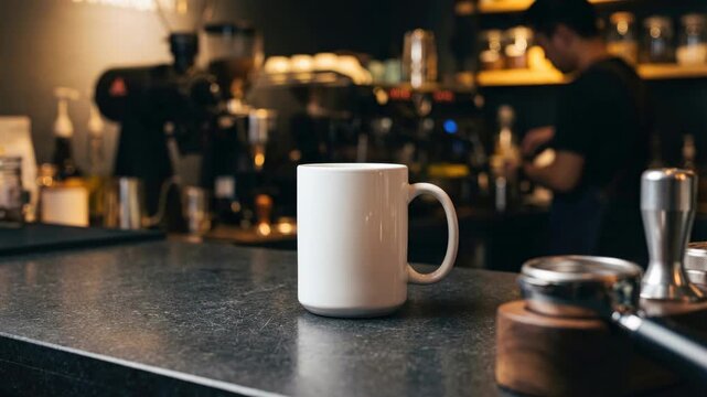 Blank white ceramic coffee mug mockup on cafe counter bar with blurred barista background. Brand identity presentation, coffee shop lifestyle, and breakfast drink concept