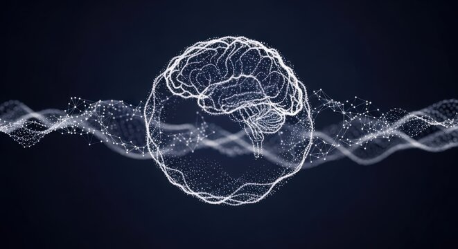 A digital representation of a human brain floating inside a sphere made of connected light particles