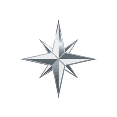 Obraz premium A metallic star-shaped compass rose symbol with eight points on a white background.