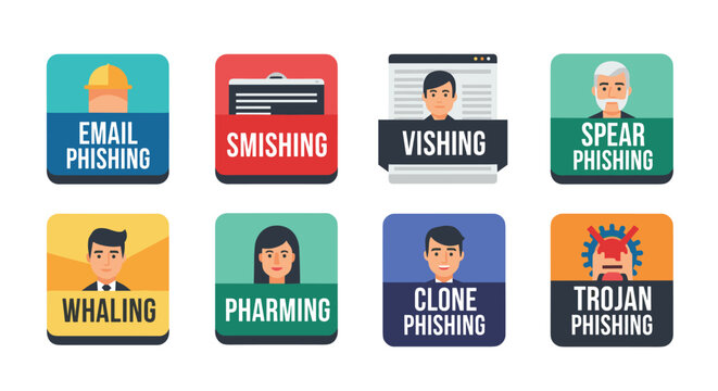 Collection of flat design vector icons depicting various cyber threats including email phishing, smishing, vishing, spear phishing, whaling, pharming, clone phishing, and trojan