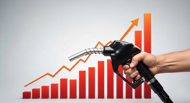 Hand holding a fuel nozzle in front of a rising bar chart, plain light grey background, price hike concept.