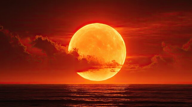 Glowing orange harvest moon, dramatic ocean sunset, fiery red night sky over sea