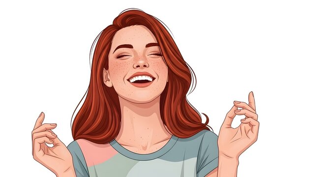 Joyful young woman with red hair laughing happily with closed eyes.