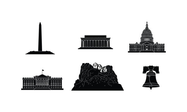 Famous american landmarks silhouette collection including mount rushmore vector illustration.