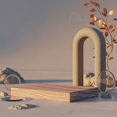 Fototapeta premium A surreal desert landscape with a wooden platform and abstract sculptures
