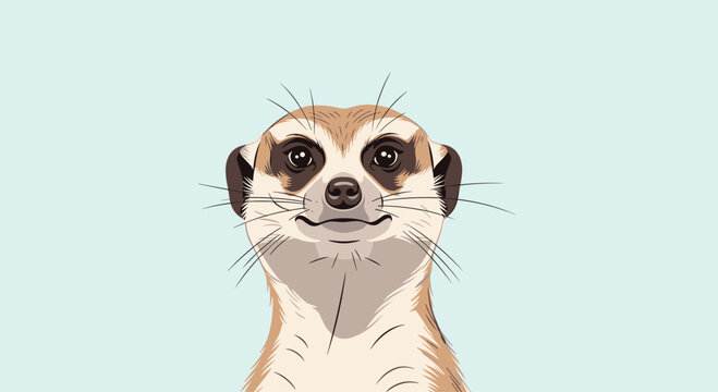 Close up portrait of a curious meerkat looking directly at the camera with a gentle expression against a plain light blue background.