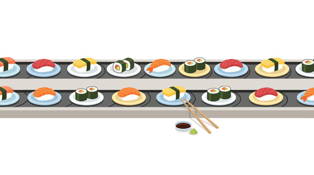 Japanese Sushi on Conveyor Belt Kaiten Sushi Restaurant Flat Vector Illustration