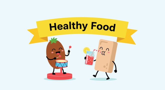 Joyful cartoon chocolate covered fruit playing drums and a cookie drinking from a jar perform together under a healthy food banner.