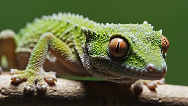 Crested Gecko with Orange Eyes on Branch, Close-up, Green Background