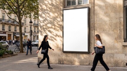 Blank outdoor advertising poster frame on a stone wall in a bustling European city street, with two women walking past, perfect for creative mockups and promotions