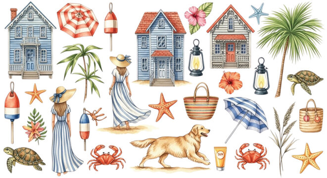 Coastal beach watercolor clipart set with cottages umbrella woman dog turtle nautical elements
