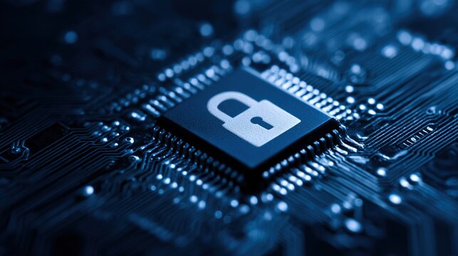 directional. Abstract blue integrated circuit pattern with a security lock symbolizing digital protection and depth. symbolizing technological progress and responsible innovation.