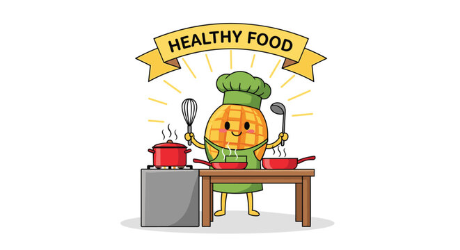 Adorable cartoon mango character wearing a chef hat and apron while cooking with pans and pots in a kitchen under a healthy food banner.