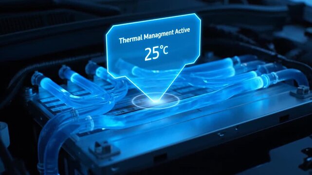 Close up of an electric vehicle battery pack featuring a liquid cooling system with a digital HUD overlay showing active thermal management.