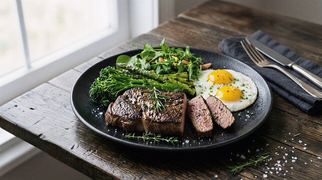 A high-protein meal with steak, eggs, and asparagus on a dark plate. Ideal for fitness and keto diet concepts.