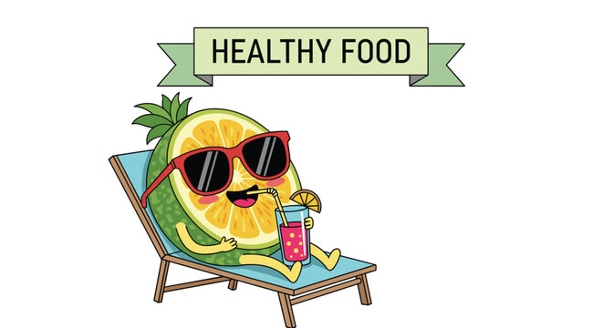 Relaxed pineapple slice character wearing dark sunglasses lounges on a blue beach chair while enjoying a colorful tropical cocktail.