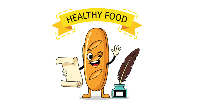 Creative baguette bread character acting as a writer holds a paper scroll and feather pen next to an inkwell under a yellow banner.