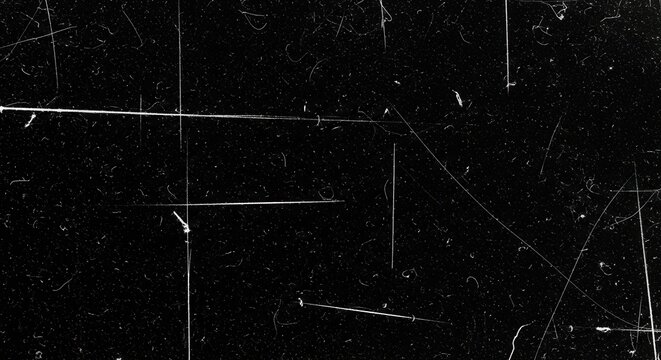 Dense film grain and erratic scratches overlap on a dark background to mimic a weathered celluloid aesthetic.