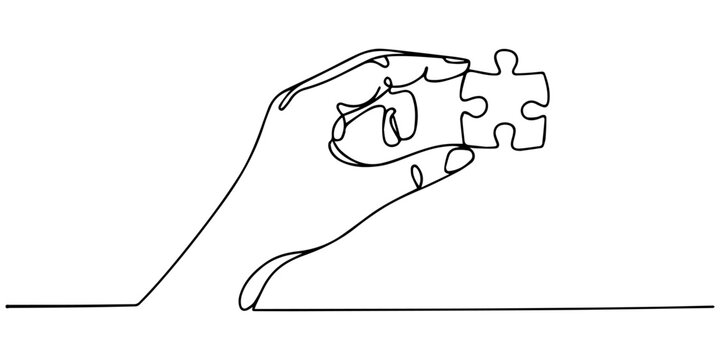 Continuous line drawing of Hand holding a jigsaw puzzle piece. Symbol of solution or unity, Continuous one line drawing of hands and puzzle. Vector illustration, solution and strategy. Puzzle game pro