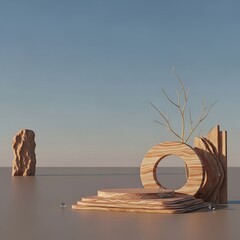 Obraz premium A wooden sculpture with a circular cutout sits on a reflective surface