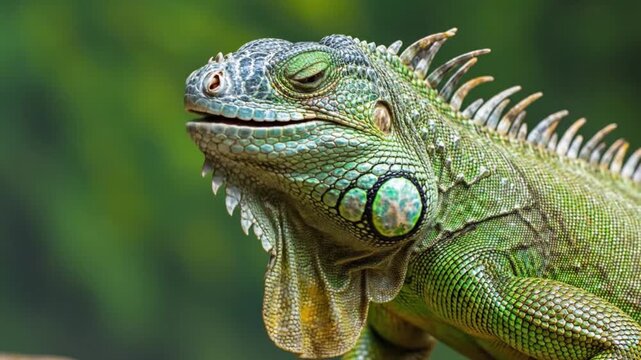 Close-up portrait of green iguana with detailed scales in natural habitat